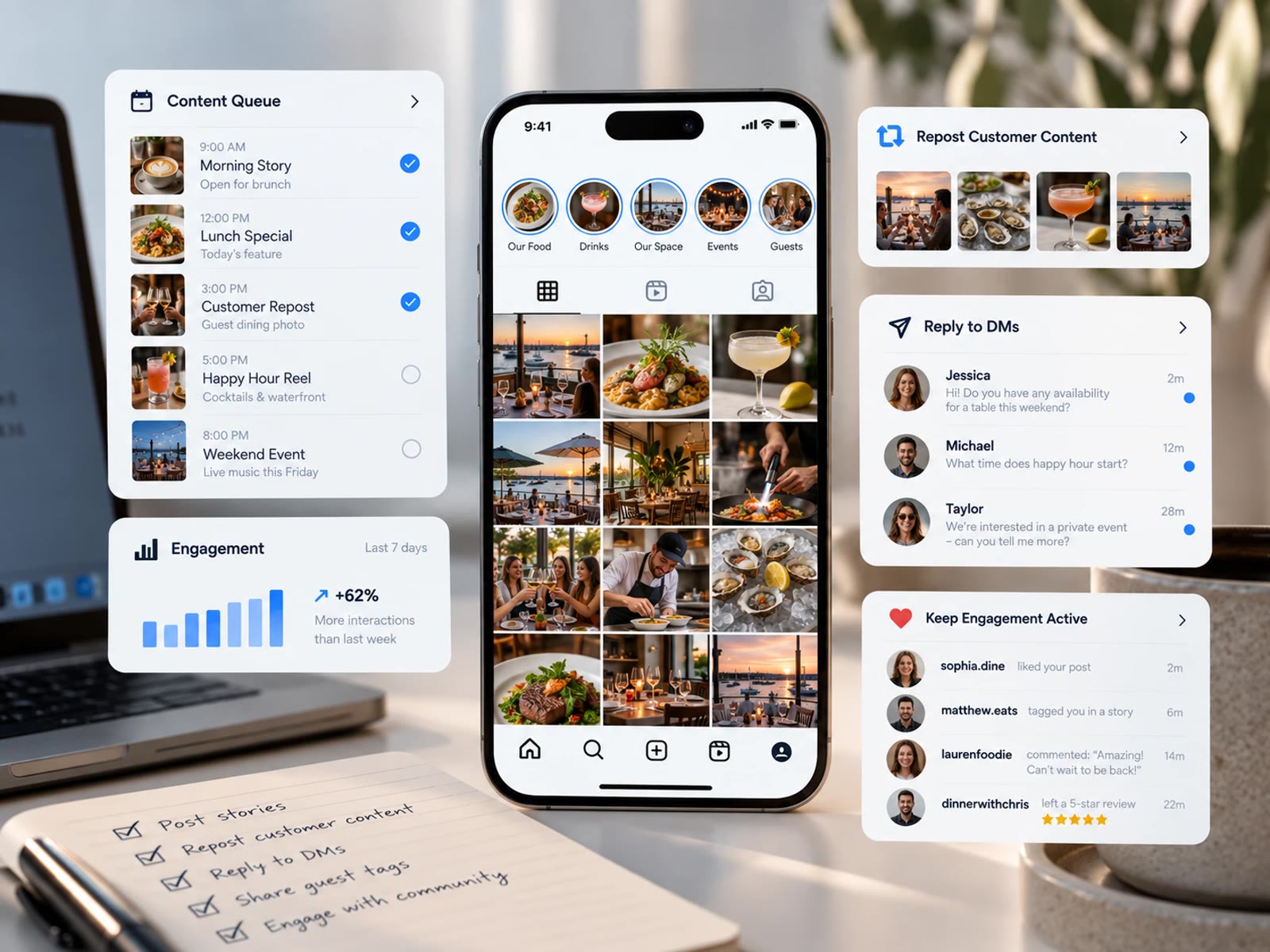 A social media workspace: the day’s content queue, a phone showing the brand feed, a queue of customer posts to reshare, messages waiting for replies, and a notebook checklist of the daily jobs